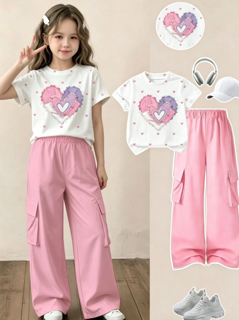 SHEIN Tween Girls Casual Minimalist Versatile Heart Print T-Shirt And Cargo Pants 2-Piece Set
